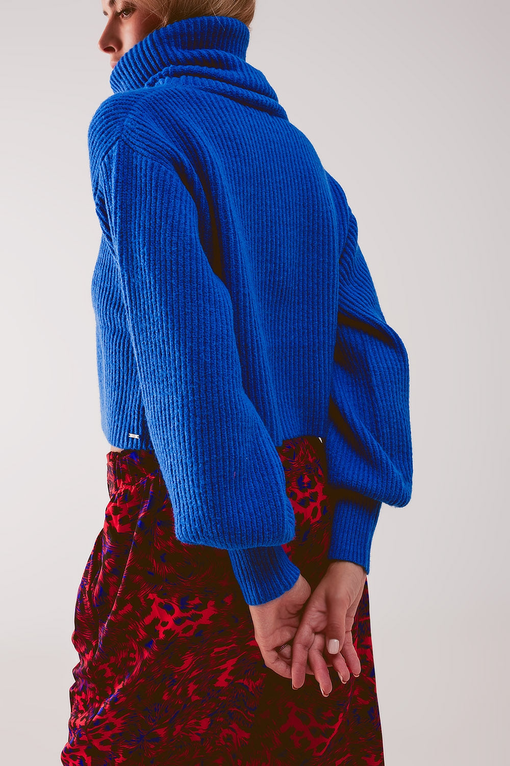Blue ribbed knit turtleneck jumper with balloon sleeves Q2 Sweaters BoutiqueLua