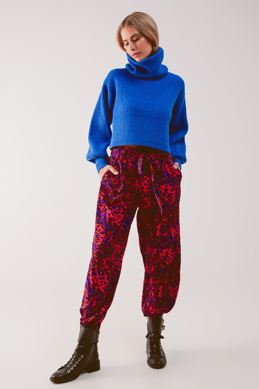 Blue ribbed knit turtleneck jumper with balloon sleeves Q2 Sweaters BoutiqueLua
