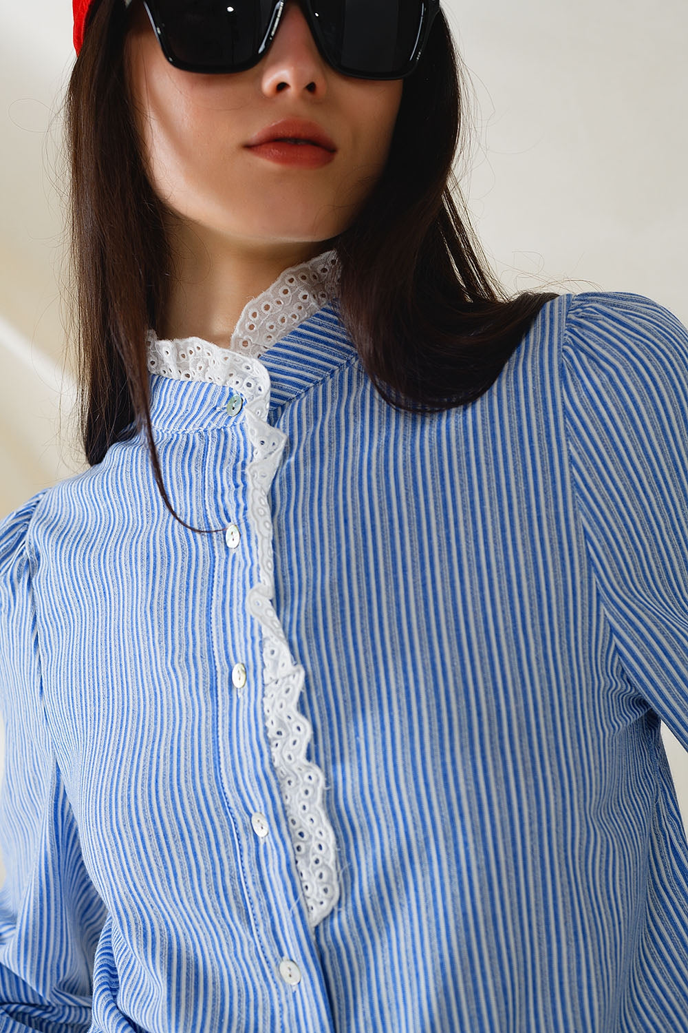 Blue Shirt With Vertical White stripes With Lace Detail Q2 Shirts BoutiqueLua