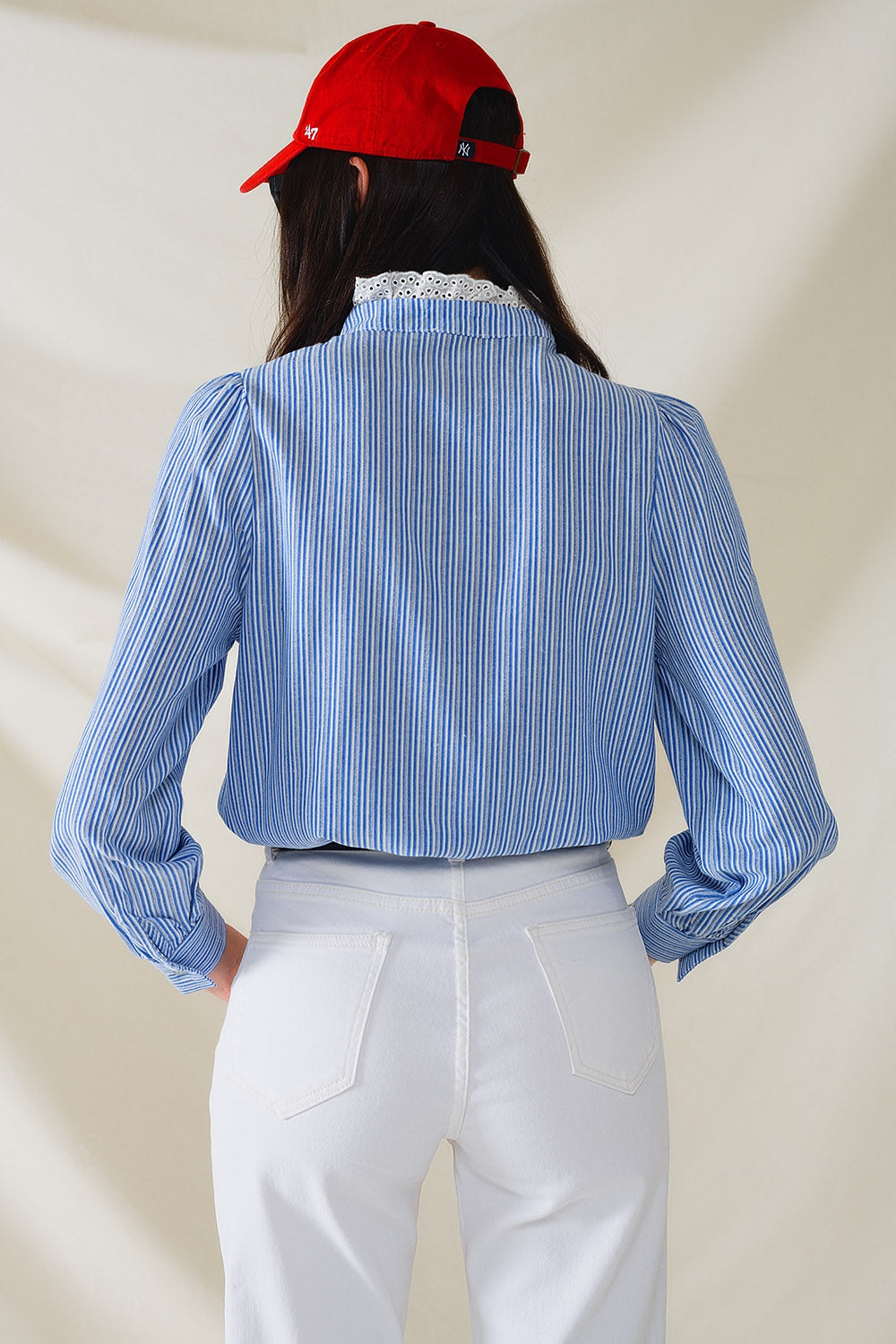 Blue Shirt With Vertical White stripes With Lace Detail Q2 Shirts BoutiqueLua