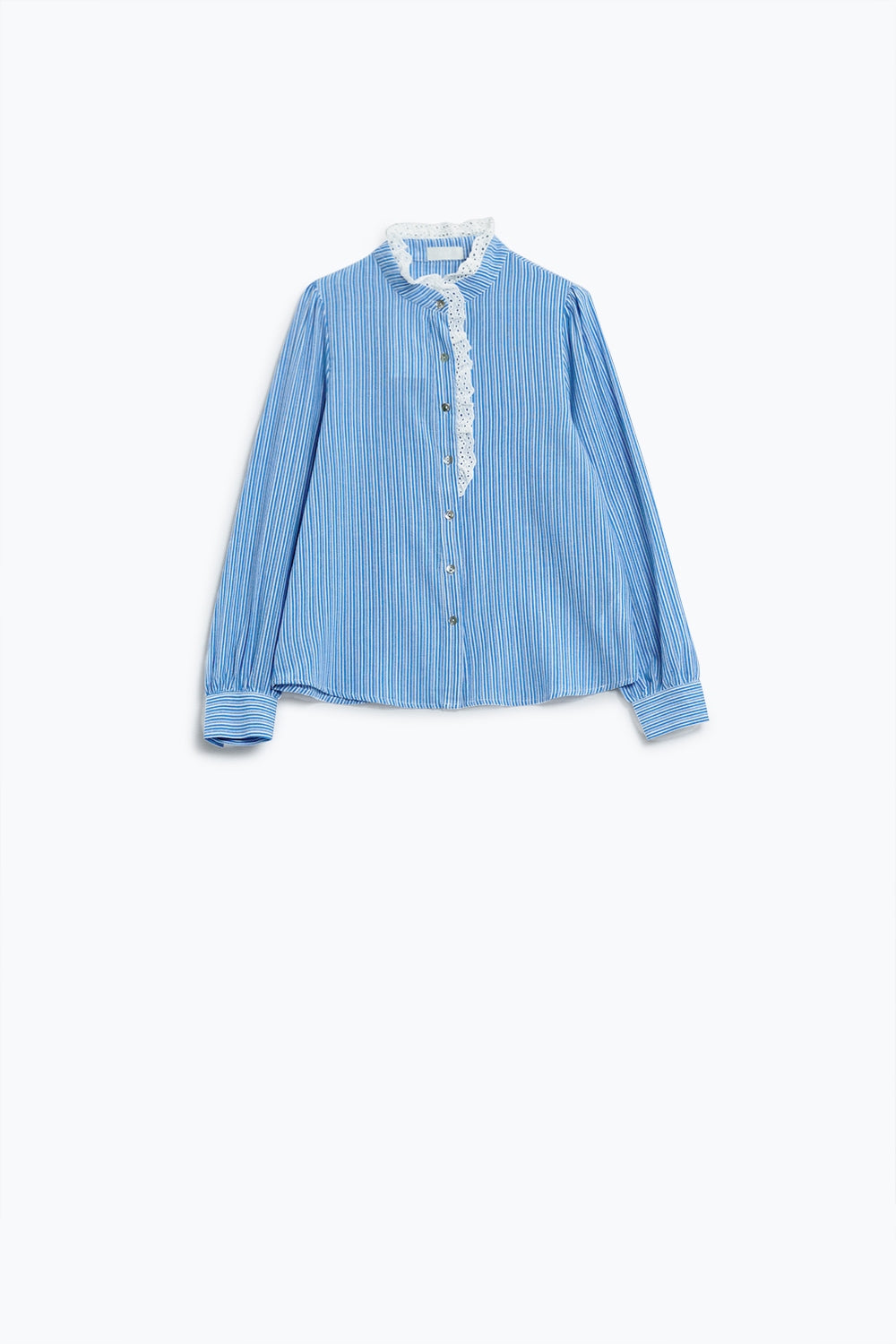 Blue Shirt With Vertical White stripes With Lace Detail Q2 Shirts BoutiqueLua