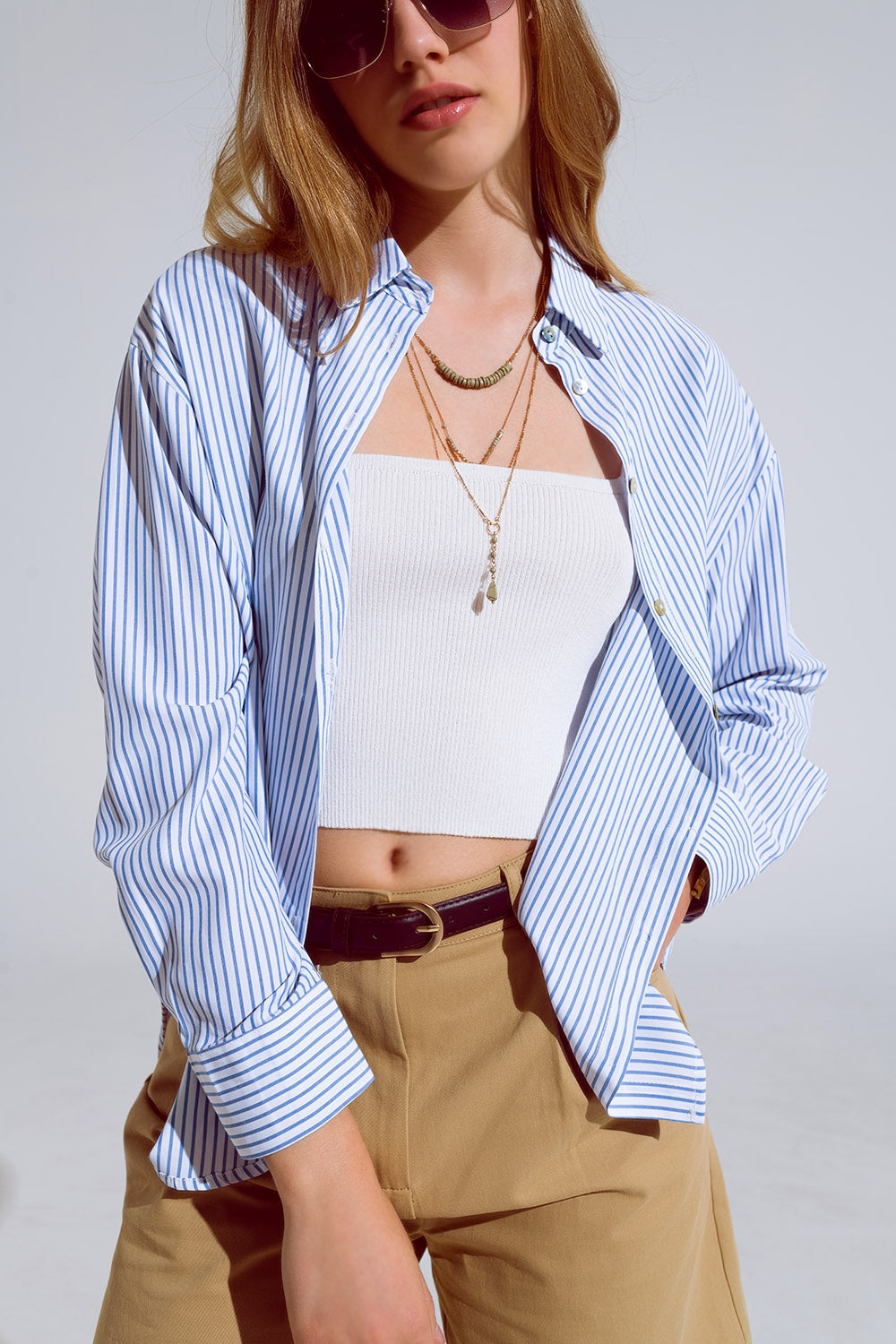 Blue Striped Button Up Blouse - Blouses
