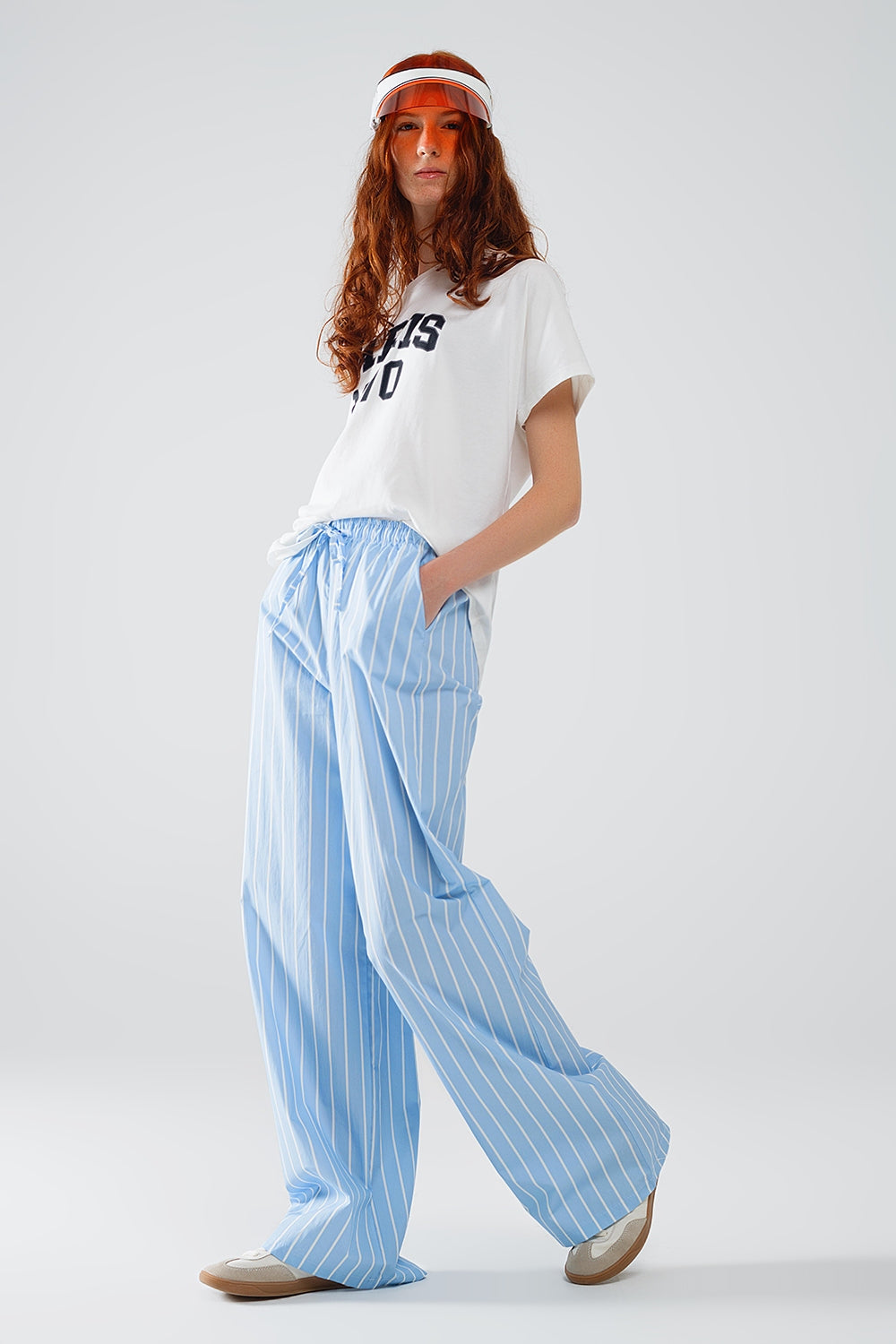 Blue Striped Fluid Long Trousers - Trousers