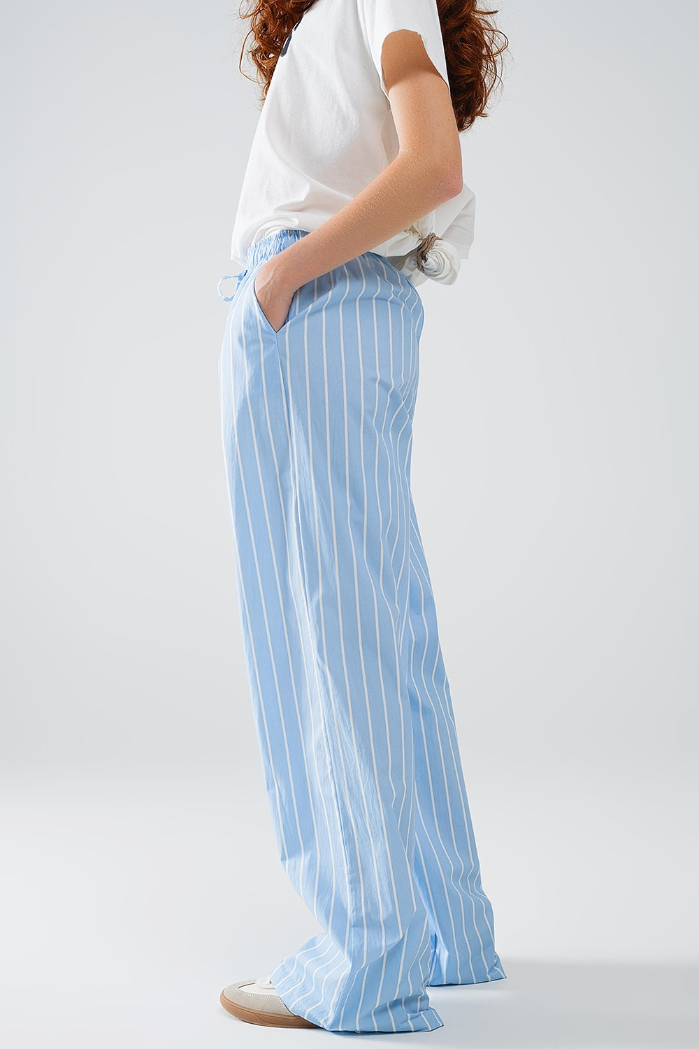 Blue Striped Fluid Long Trousers - Trousers