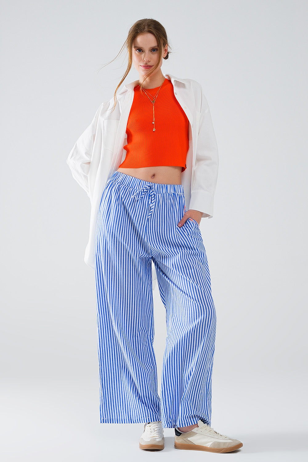 Blue Striped Pants with Elastic Waist and Pockets - Trousers