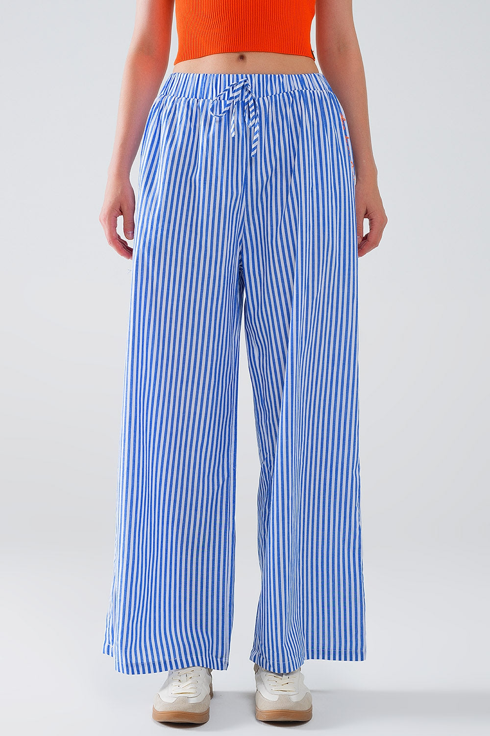 Blue Striped Pants with Elastic Waist and Pockets - Trousers