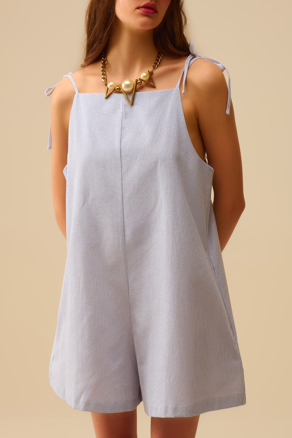 blue striped playsuit with shoulder ties and back pocket detail - Dresses
