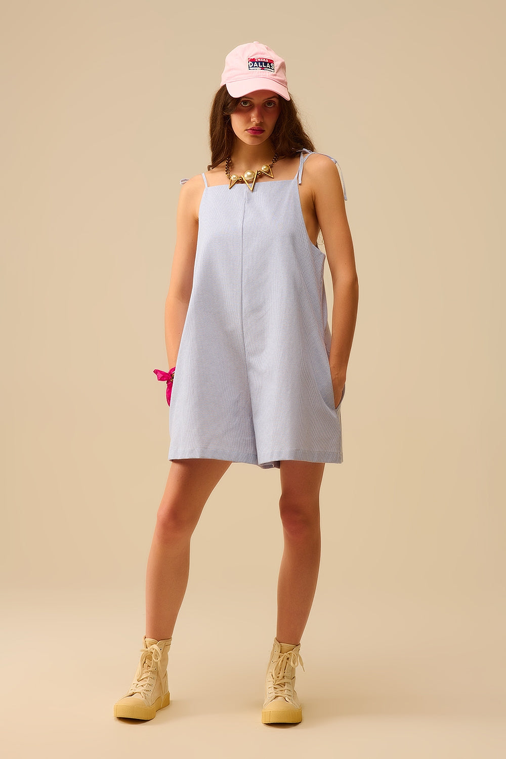 blue striped playsuit with shoulder ties and back pocket detail - Dresses