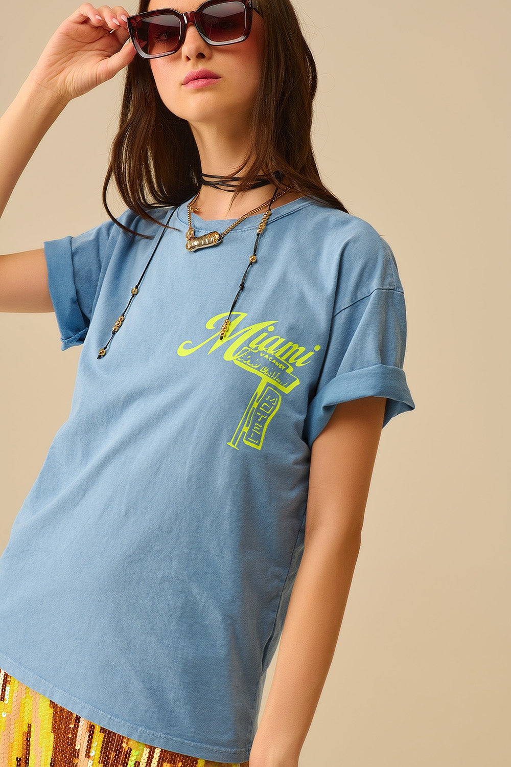 blue T-shirt with Miami logo print in yellow - T-Shirts