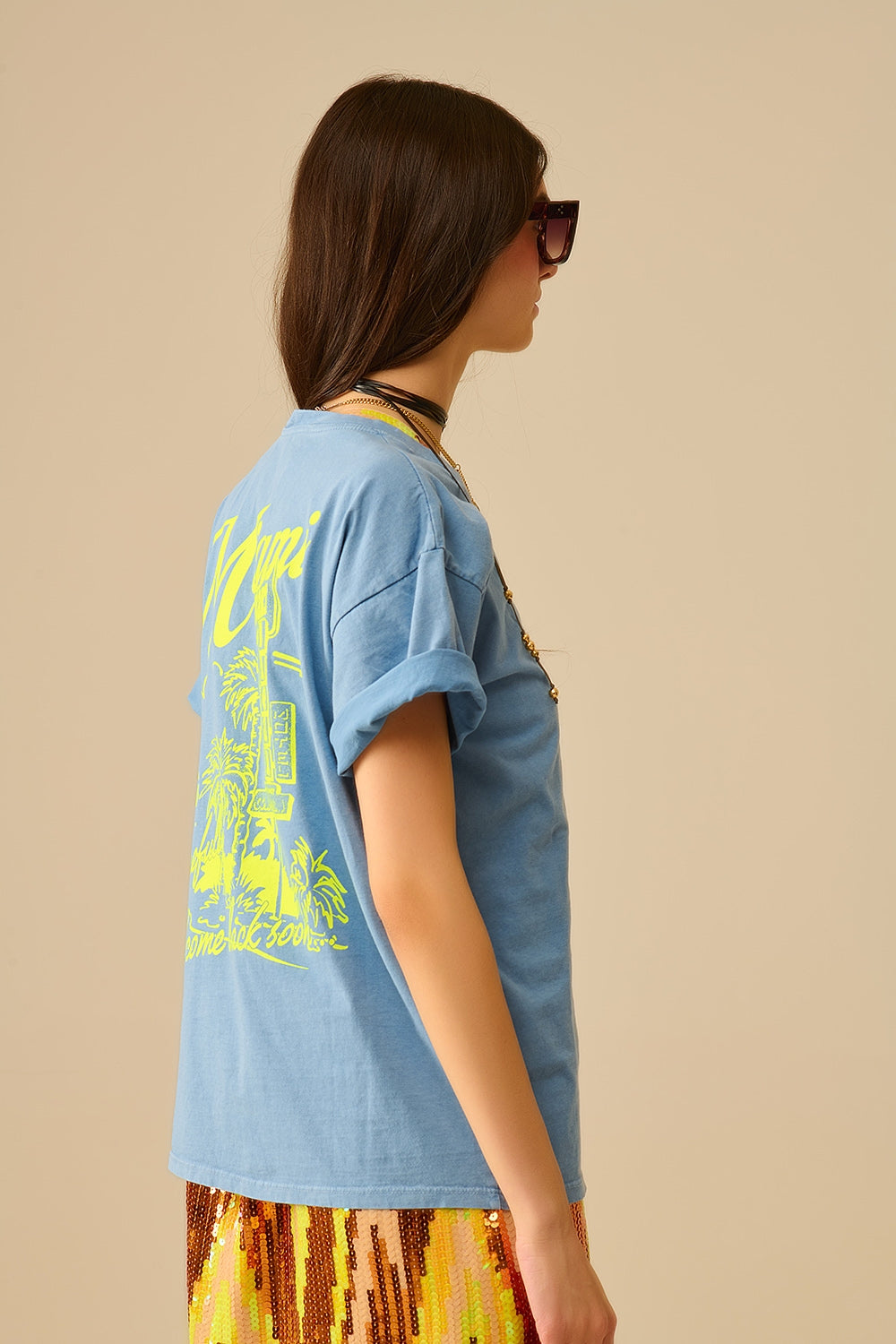 blue T-shirt with Miami logo print in yellow - T-Shirts