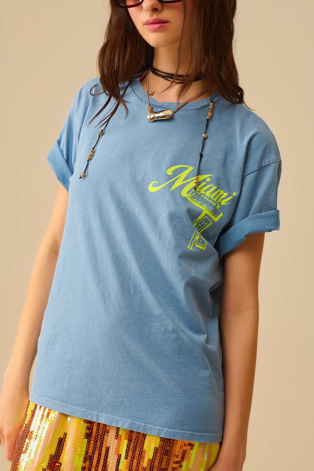 blue T-shirt with Miami logo print in yellow - T-Shirts