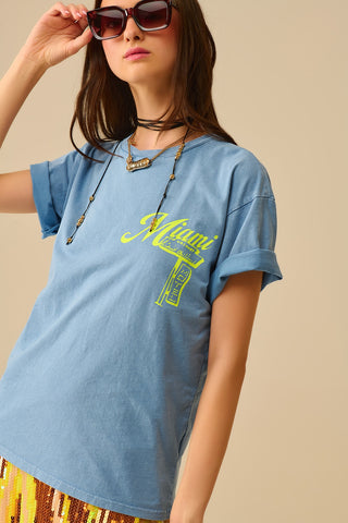 blue T-shirt with Miami logo print in yellow