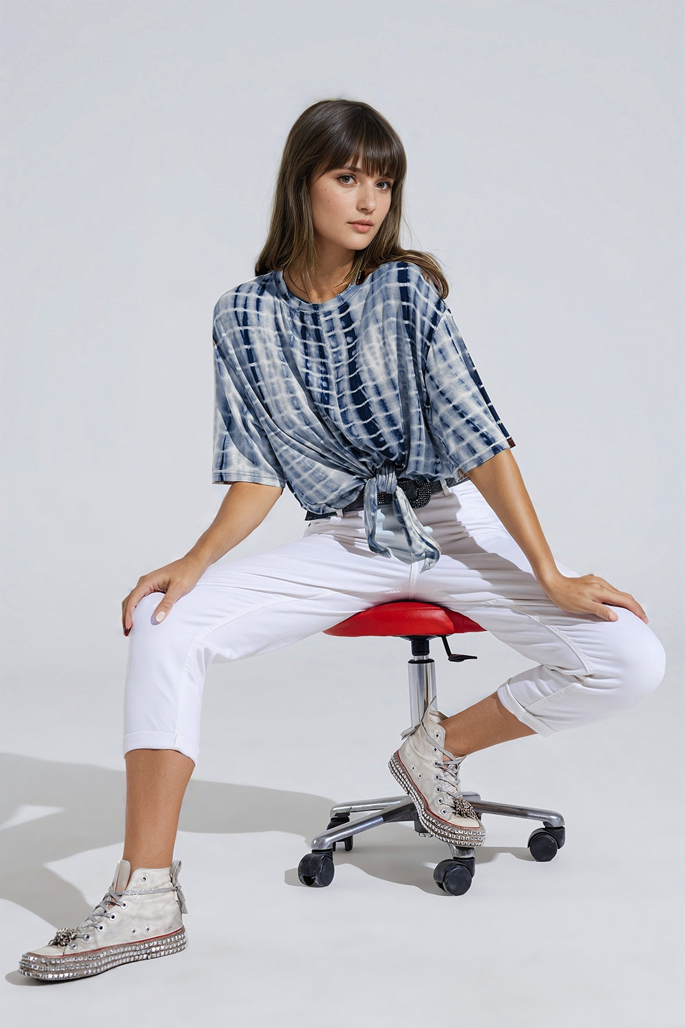 Blue Tie Dye printed t-shirt with knot on the front - T-Shirts
