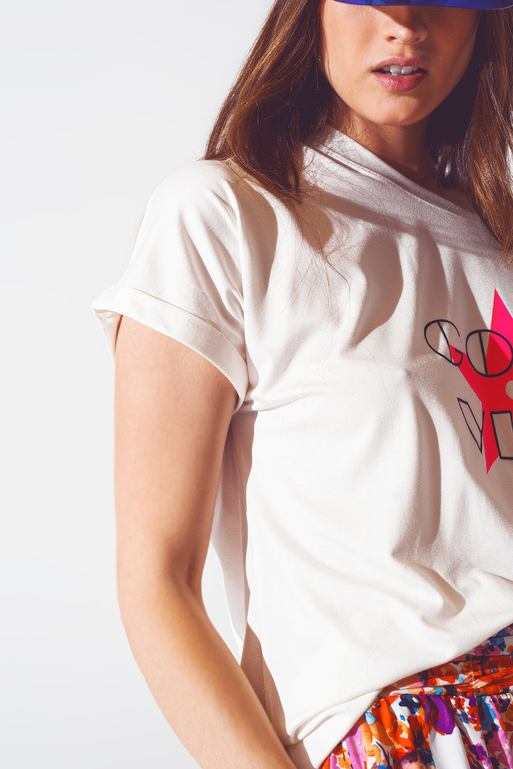 Boat Neack T-shirt With Good Vibe Text in White and Pink - Tops