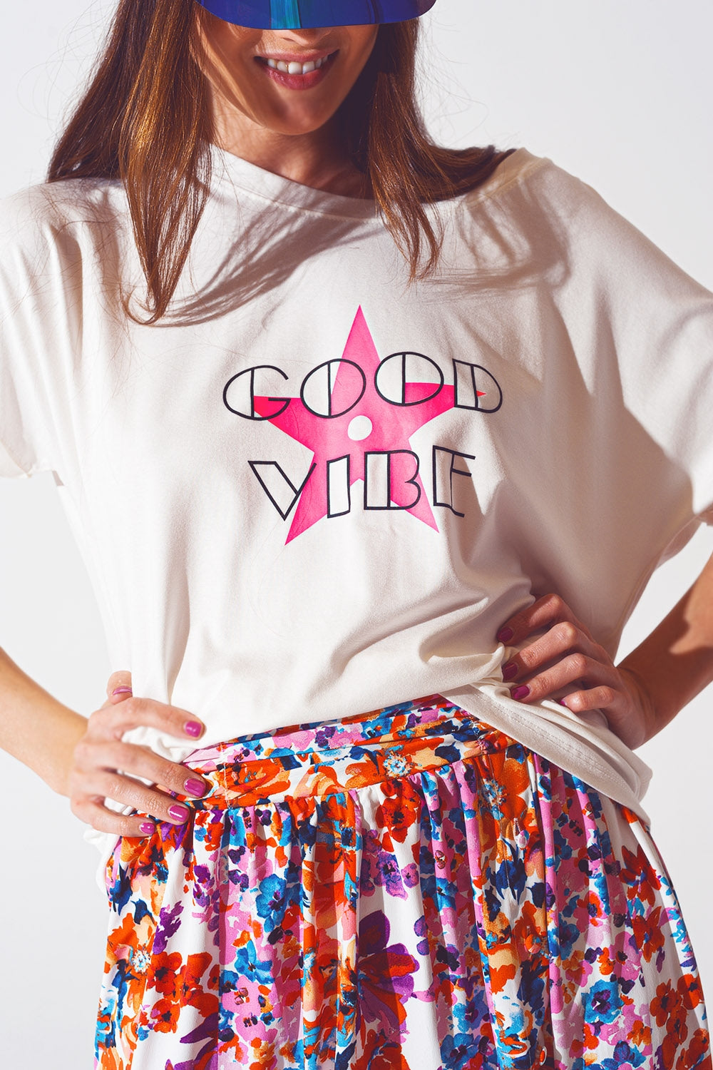 Boat Neack T-shirt With Good Vibe Text in White and Pink - Tops