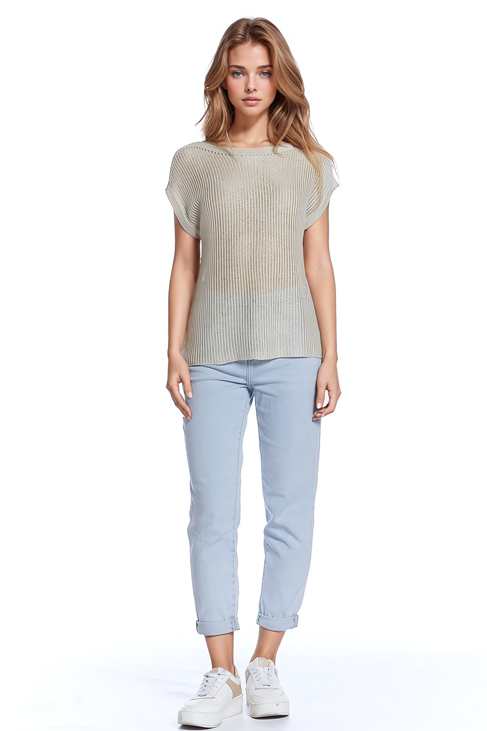 Boat Neck Ribbed Sweater With Cap Sleeves in Beige - T-shirts