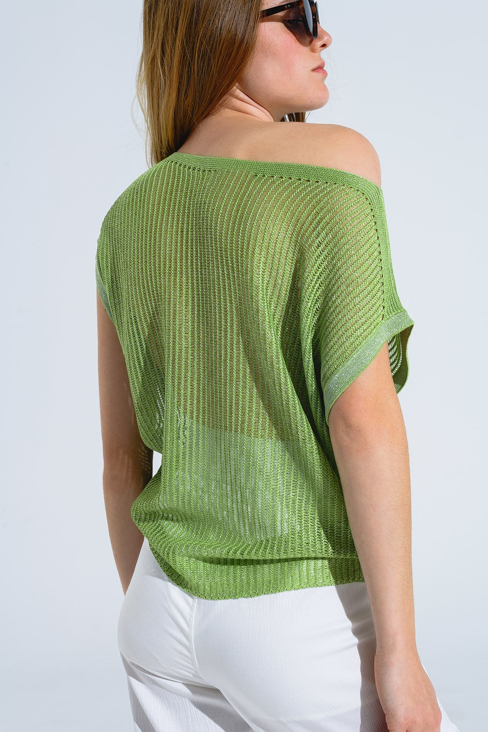 Pull côtelé à col bateau et manches courtes en vert