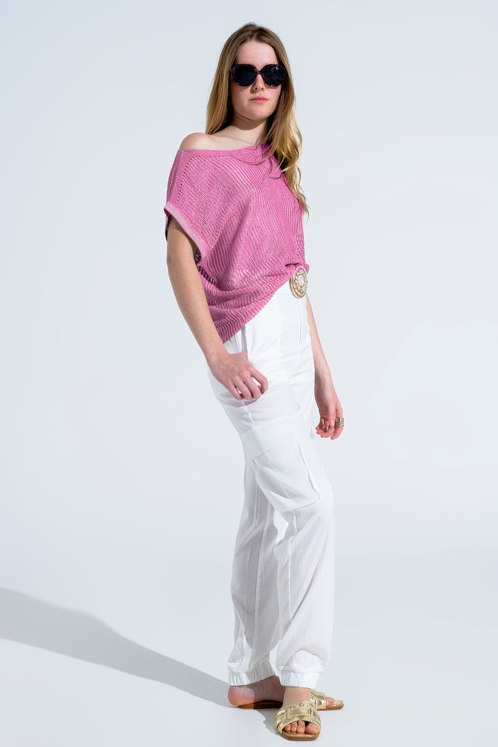 Boat Neck Ribbed Sweater With Cap Sleeves in pink - T-shirts