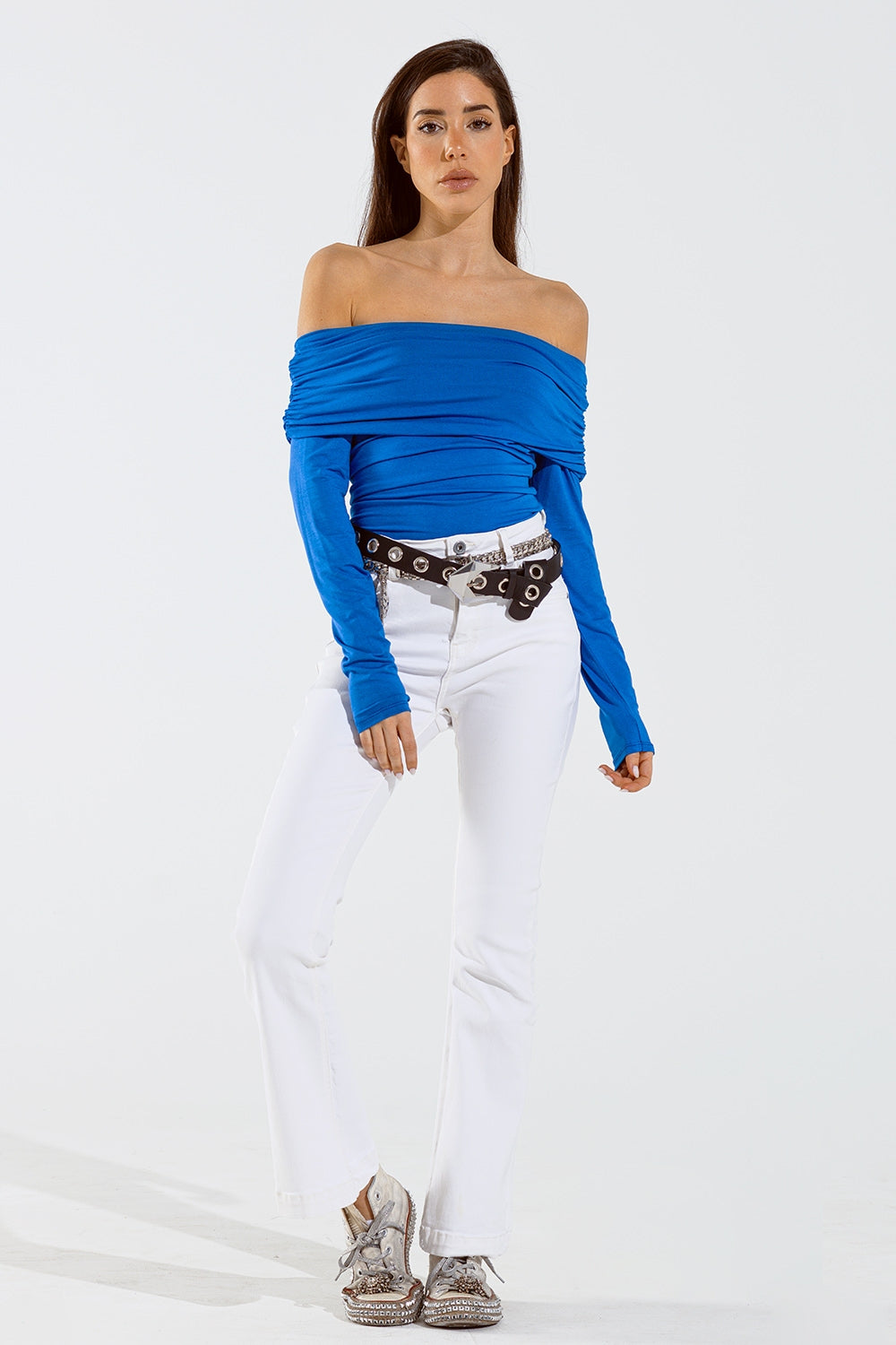 Bodycon Off Shoulder Top In Blue - Tops