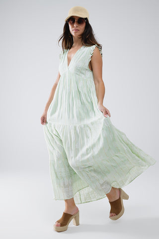 Boho Maxi Babydoll Dress With Leaf Print and Lurex in Mint