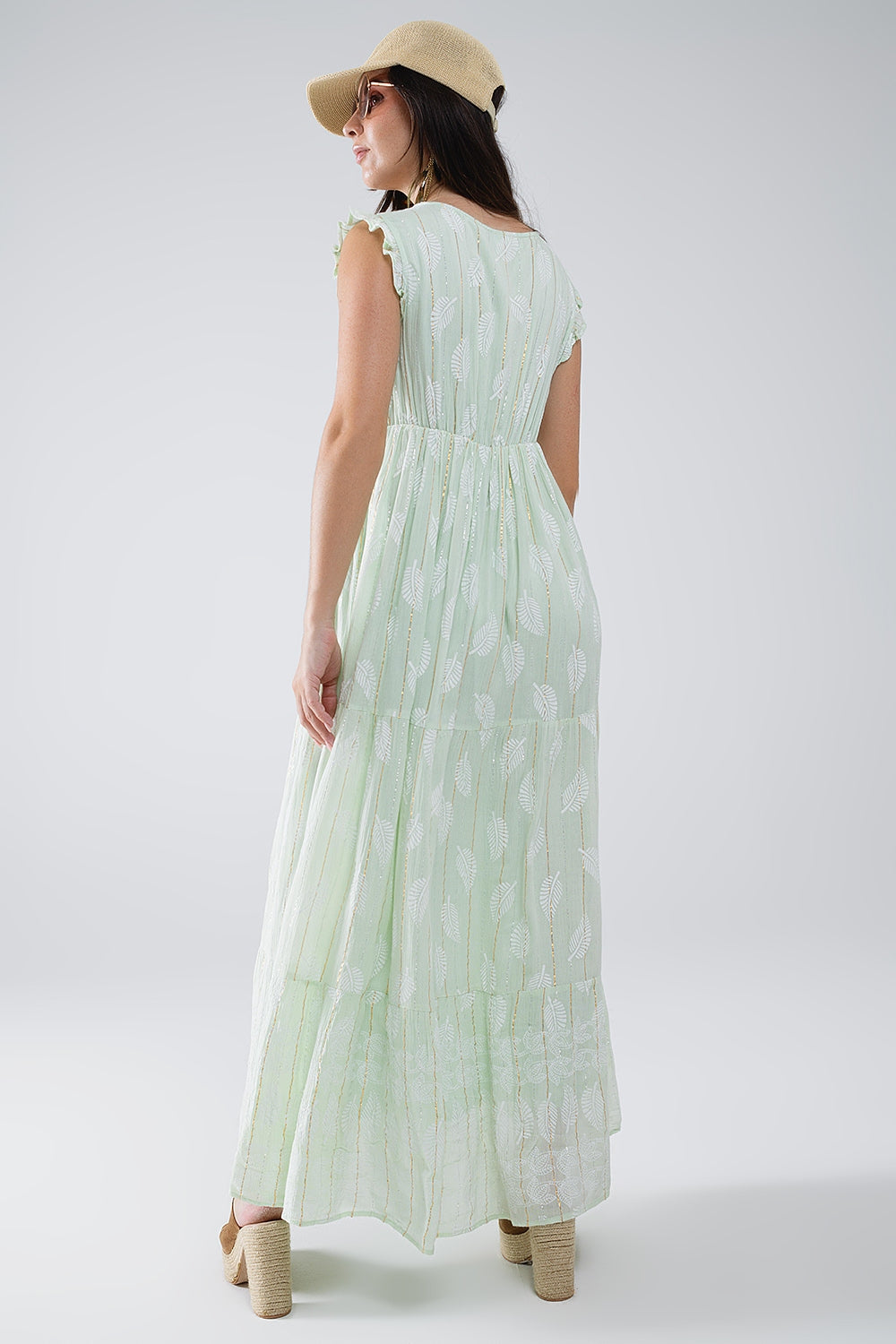 Boho Maxi Babydoll Dress With Leaf Print and Lurex in Mint Q2 Dresses BoutiqueLua