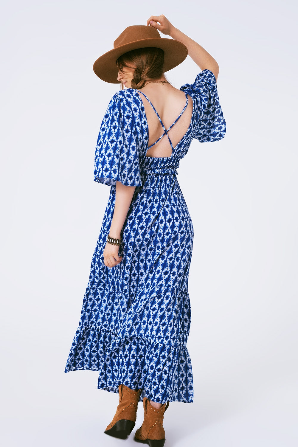 boho print maxi dress crossed on the back Q2 Dresses BoutiqueLua