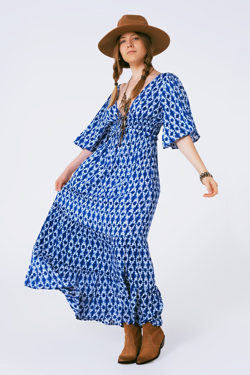 boho print maxi dress crossed on the back Q2 Dresses BoutiqueLua