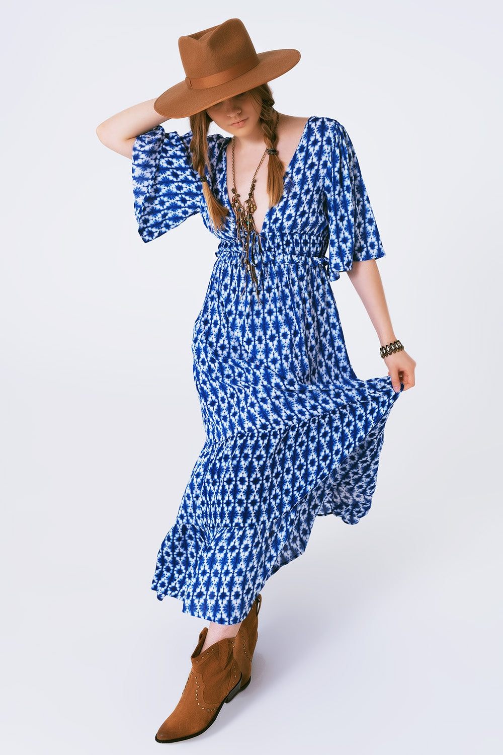boho print maxi dress crossed on the back Q2 Dresses BoutiqueLua