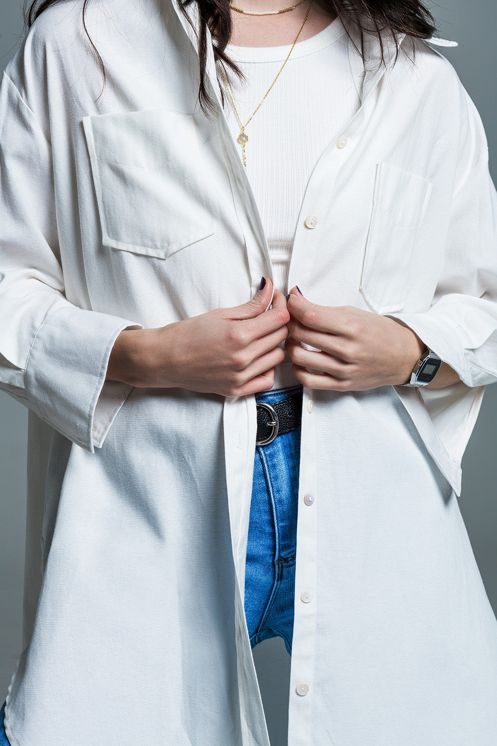Boyfriend Cut Shirt With 3/4 Sleeve in White - Shirts