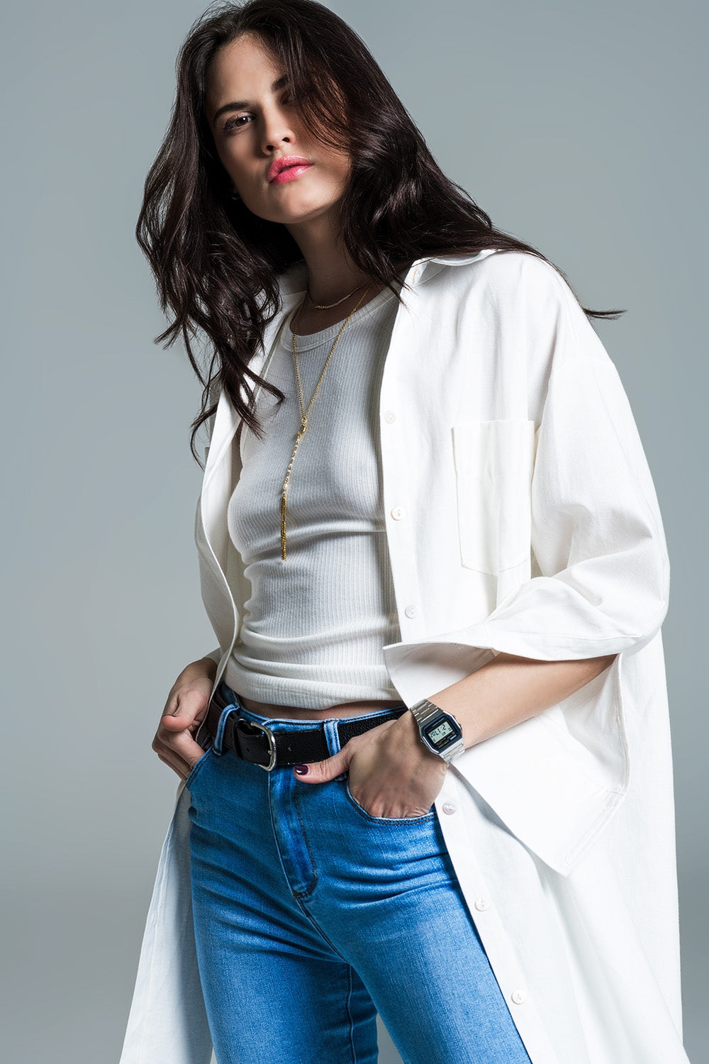 Boyfriend Cut Shirt With 3/4 Sleeve in White - Shirts