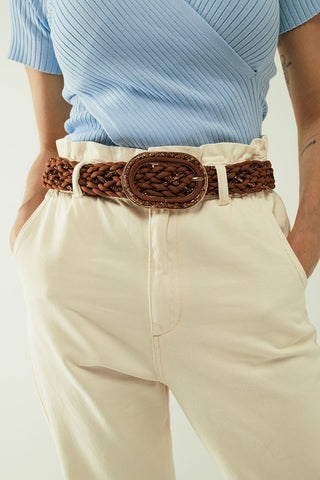 Brown Braided Belt With Intertwined Gold Thread and Oval Buckle