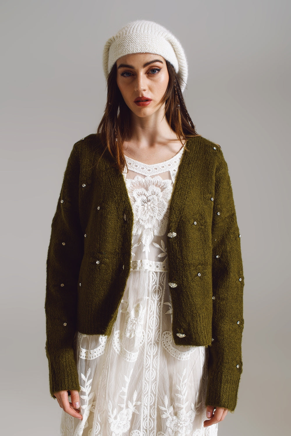 Brown cardigan with knitted flowers and embellished details in Military Green Q2 Sweaters BoutiqueLua