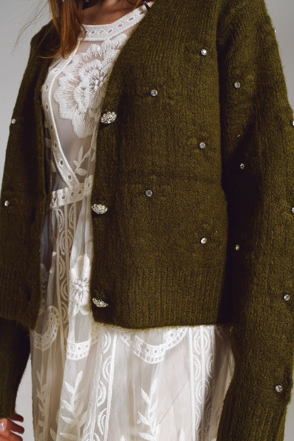 Brown cardigan with knitted flowers and embellished details in Military Green Q2 Sweaters BoutiqueLua