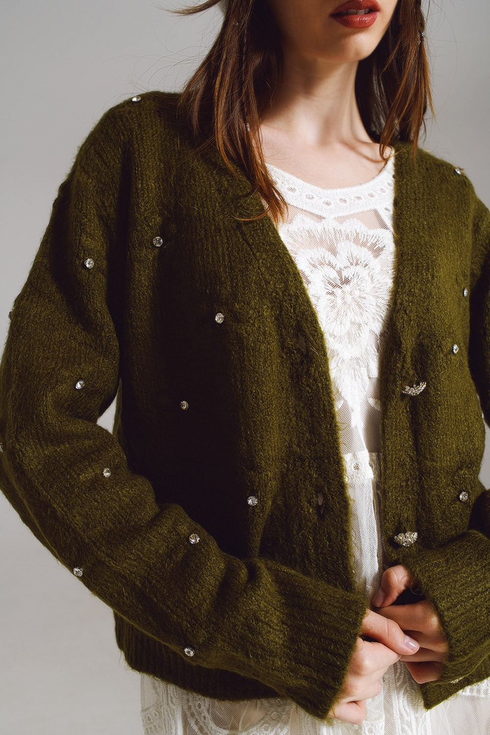Brown cardigan with knitted flowers and embellished details in Military Green Q2 Sweaters BoutiqueLua