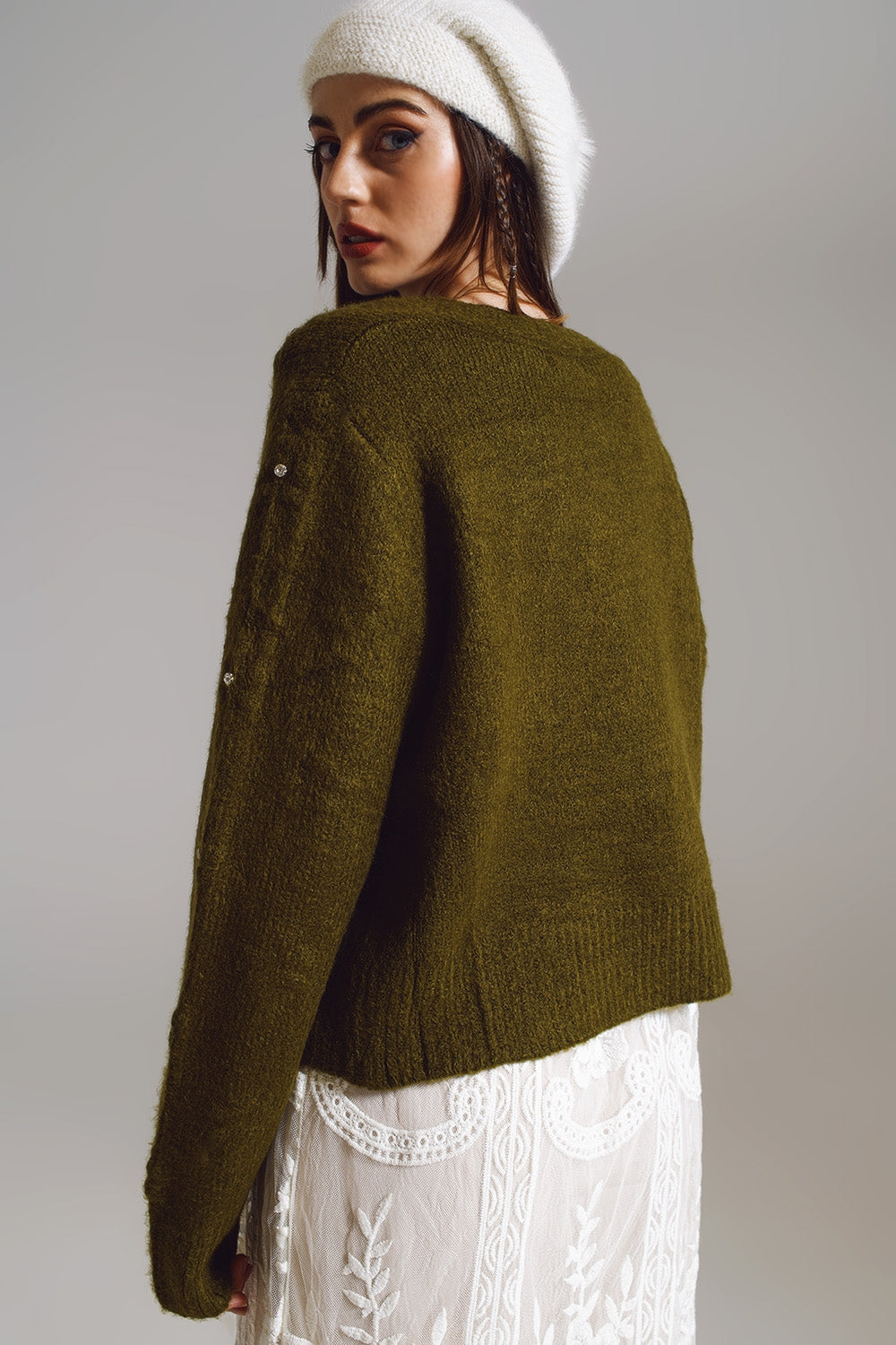 Brown cardigan with knitted flowers and embellished details in Military Green Q2 Sweaters BoutiqueLua