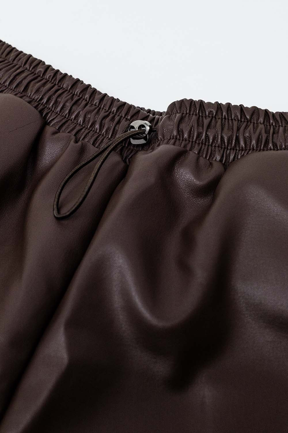 Brown faux leather shorts with gathering at the waist with drawstring - Shorts