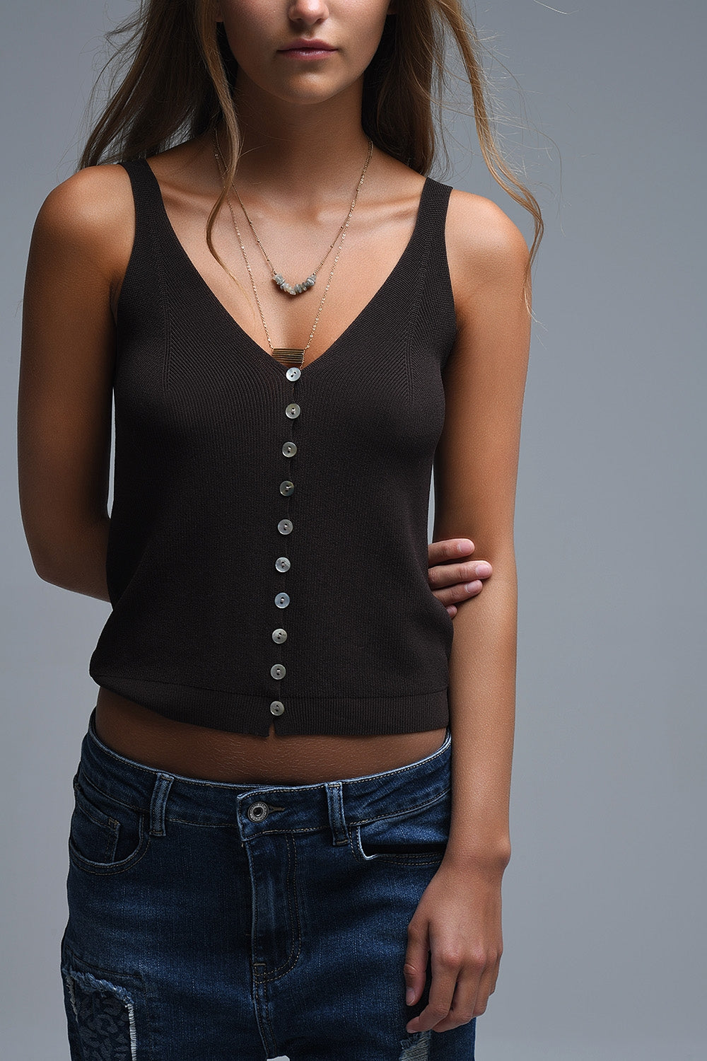 brown Knit Buttoned Crop Top - Tops