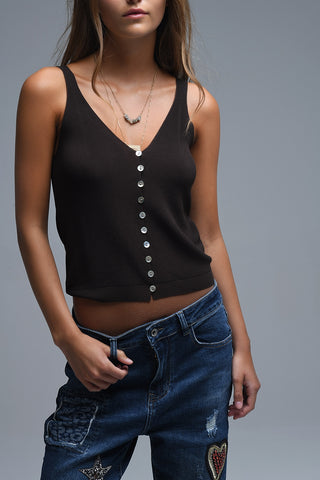 brown Knit Buttoned Crop Top