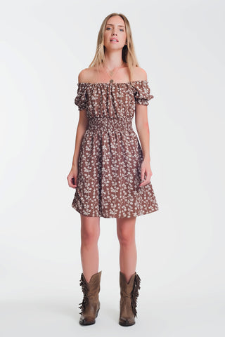Brown mini bardot dress in floral print