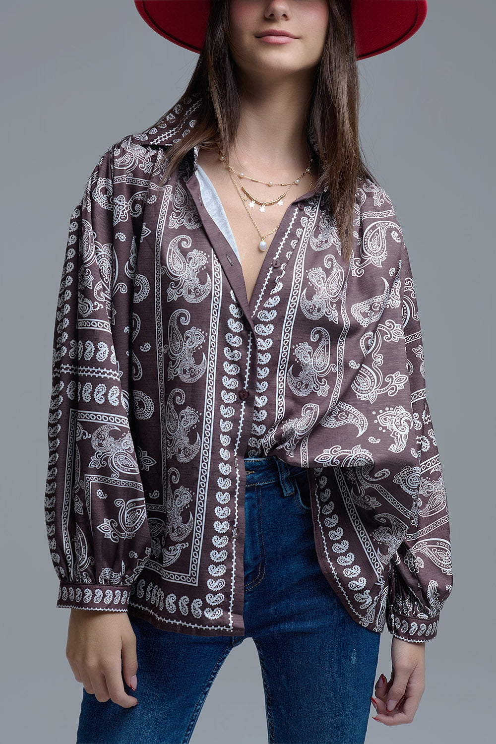 Brown Paisley Shirt With Voluminous Sleeves - Shirts