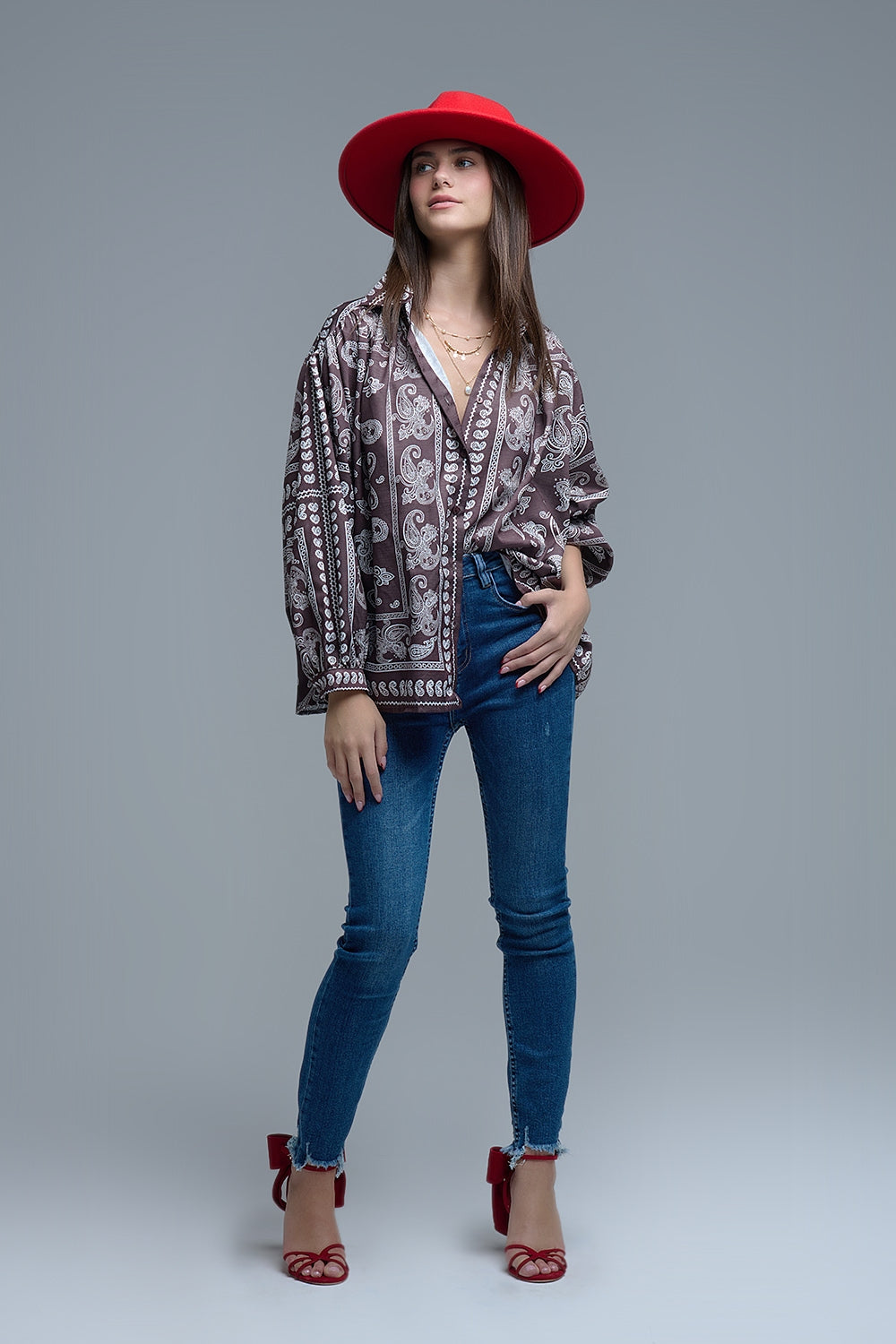 Brown Paisley Shirt With Voluminous Sleeves - Shirts