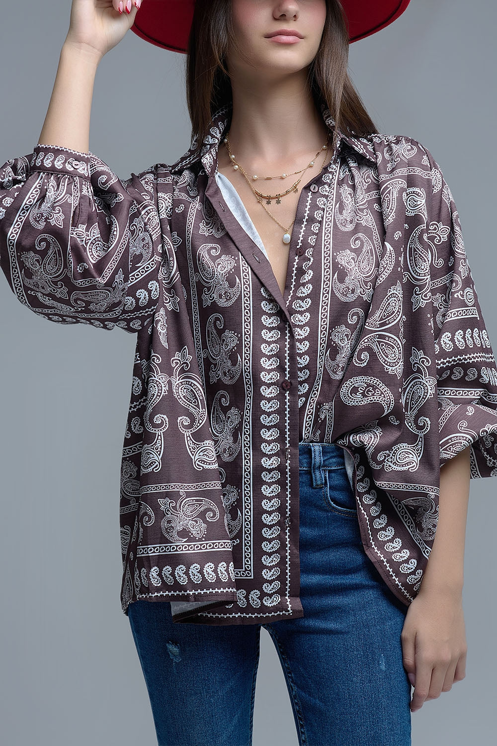 Brown Paisley Shirt With Voluminous Sleeves - Shirts
