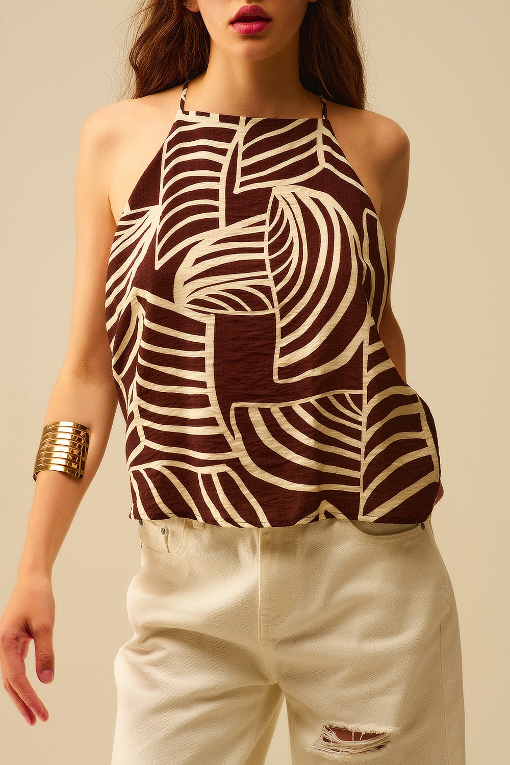Brown Sleeveless Halter Top with White Leaf Print - Tops