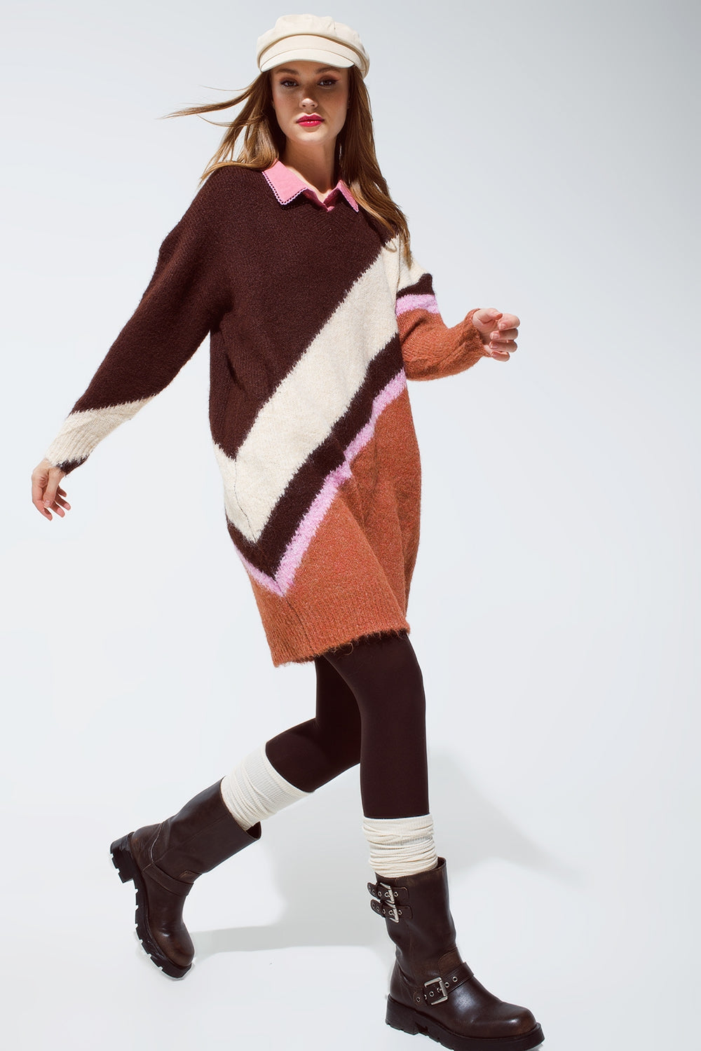 Brown striped oversized chunky knit dress with crew neck - Dresses