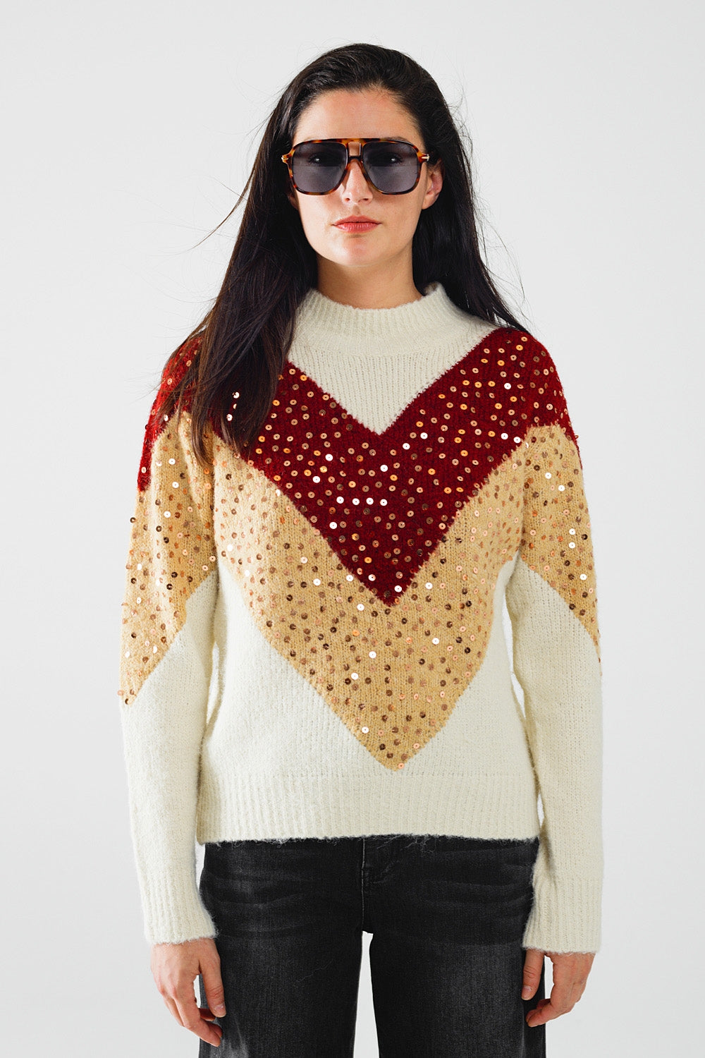 burgundy and beige color block knit sweater with sequin embellishment - Jumpers