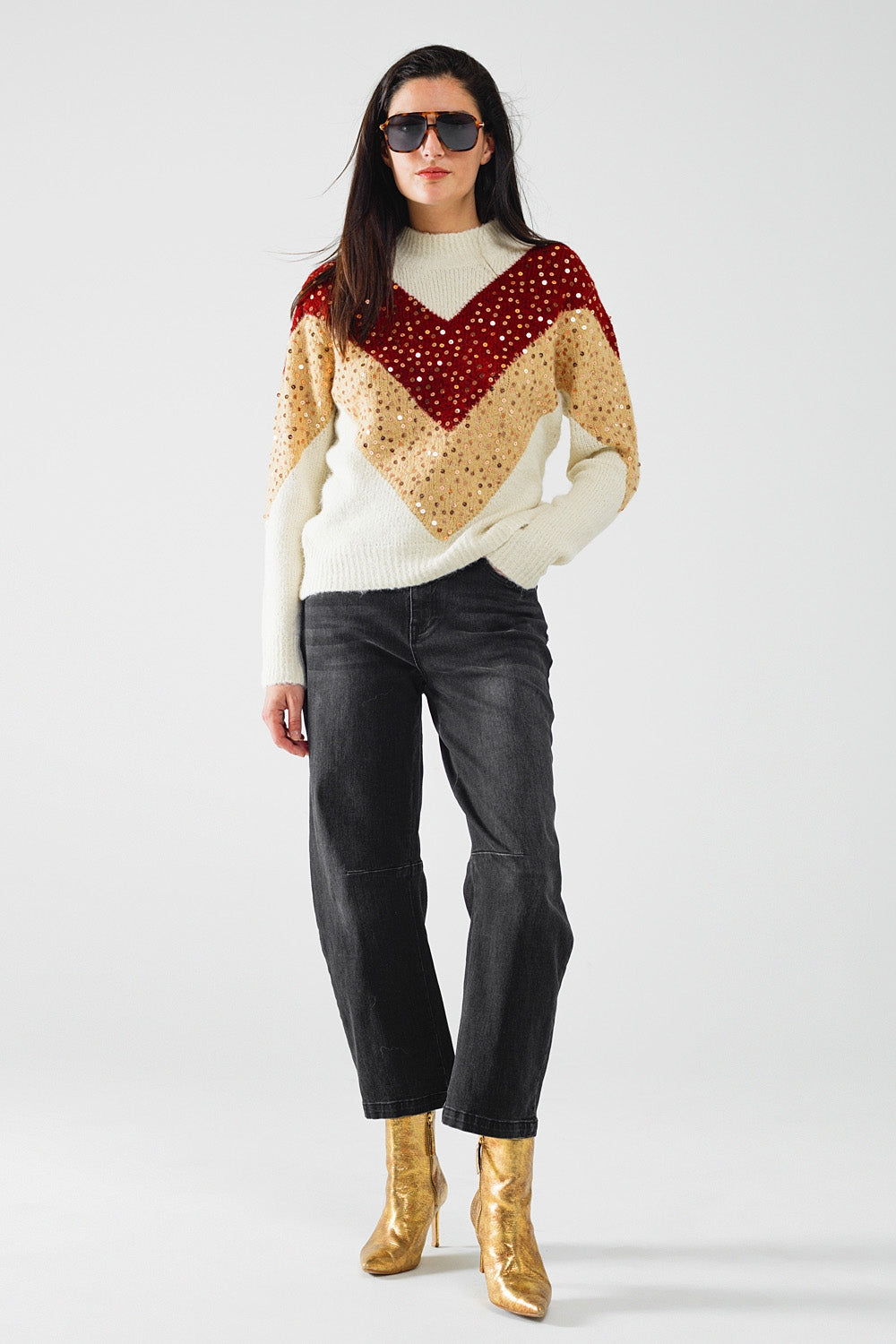 burgundy and beige color block knit sweater with sequin embellishment - Jumpers