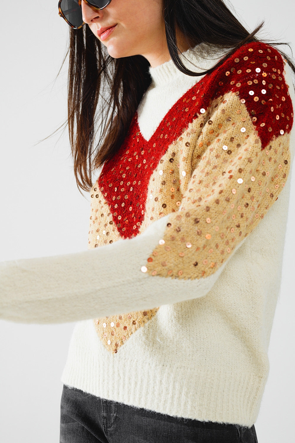 burgundy and beige color block knit sweater with sequin embellishment - Jumpers