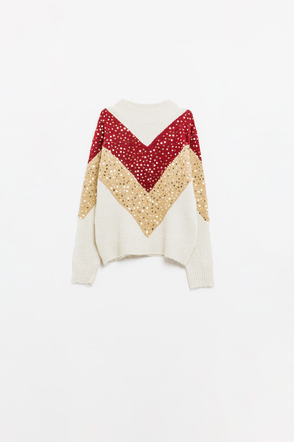 burgundy and beige color block knit sweater with sequin embellishment - Jumpers