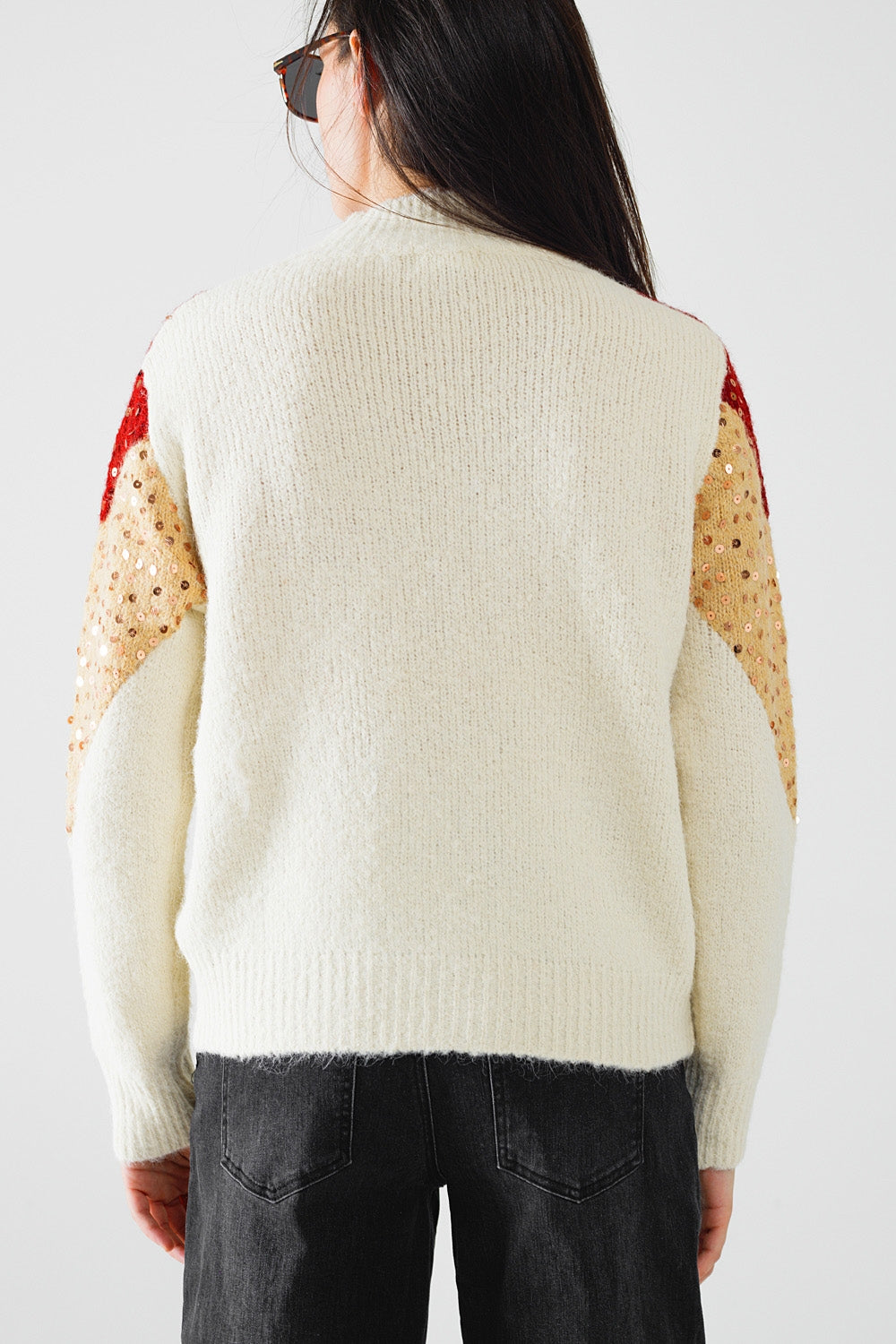 burgundy and beige color block knit sweater with sequin embellishment - Jumpers