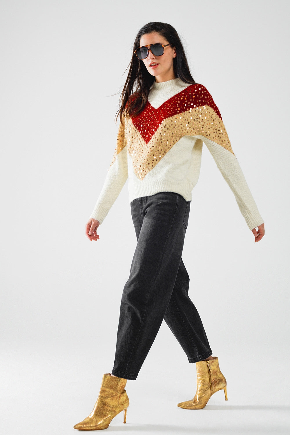 burgundy and beige color block knit sweater with sequin embellishment - Jumpers